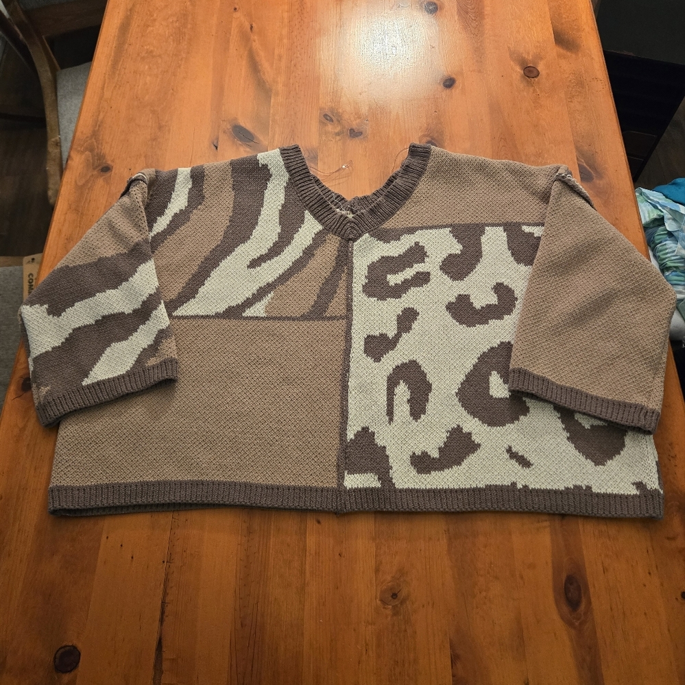 POL Mixed Animal Print Boxy Oversized Sweater Size Small Army Green Tan Brown